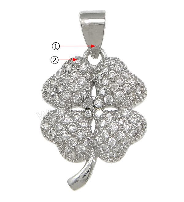 Brass Clover Pendant, Four Leaf Clover, plated, micro pave 72 pcs cubic zirconia, more colors for choice, nickel, lead & cadmium free, 14x19x3mm, Hole:Approx 3x5mm, Sold By PC