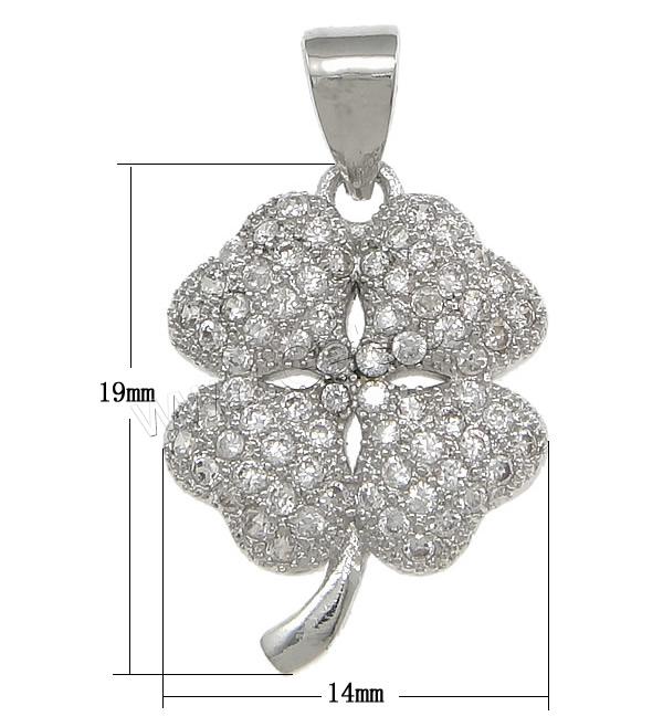 Brass Clover Pendant, Four Leaf Clover, plated, micro pave 72 pcs cubic zirconia, more colors for choice, nickel, lead & cadmium free, 14x19x3mm, Hole:Approx 3x5mm, Sold By PC