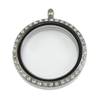 Stainless Steel Floating Locket, 304 Stainless Steel, with Glass, Flat Round, with rhinestone, original color Approx 4mm 