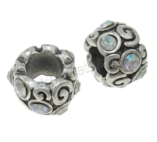 Rhinestone Zinc Alloy European Beads, Drum, plated, Customized & without troll & with rhinestone, more colors for choice, nickel, lead & cadmium free, 11x7mm, Hole:Approx 5.5mm, Sold By PC