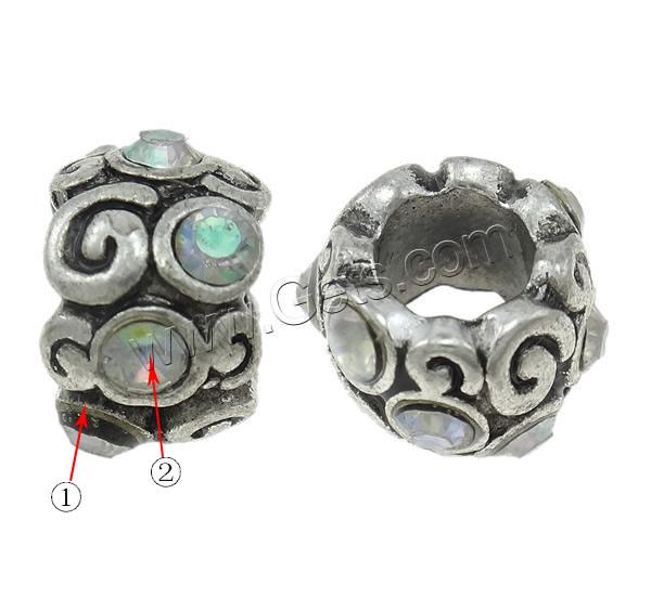 Rhinestone Zinc Alloy European Beads, Drum, plated, Customized & without troll & with rhinestone, more colors for choice, nickel, lead & cadmium free, 11x7mm, Hole:Approx 5.5mm, Sold By PC