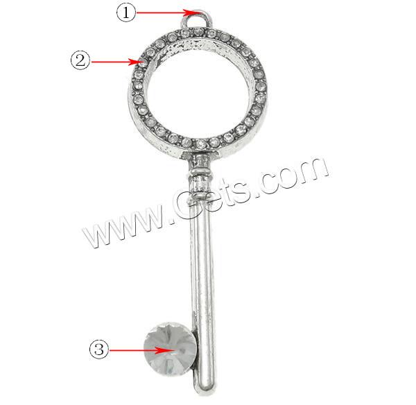 Zinc Alloy Key Pendants, plated, Customized & with rhinestone, more colors for choice, nickel, lead & cadmium free, 30x84x9mm, Hole:Approx 4.5mm, Sold By PC