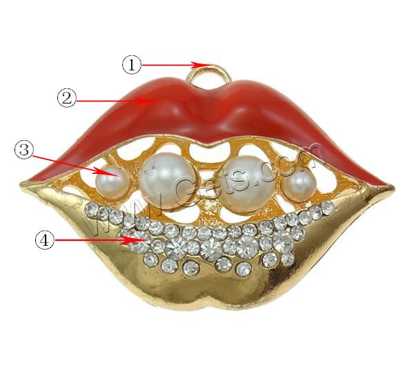 De aleación de zinc Lip Colgante, Labios, chapado, Modificado para requisitos particulares & con perla de plástico & esmalte & con diamantes de imitación & hueco, más colores para la opción, libre de níquel, plomo & cadmio, 54x37x18mm, agujero:aproximado 5mm, Vendido por UD