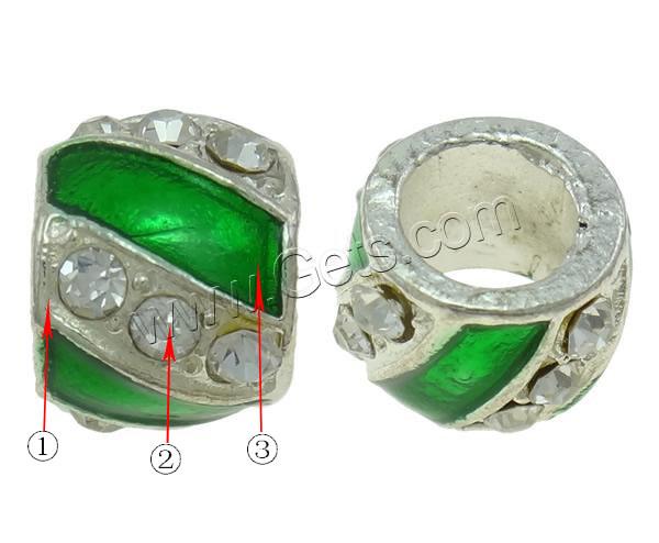 Rhinestone Zinc Alloy European Beads, Drum, plated, Customized & without troll & enamel & with rhinestone, more colors for choice, nickel, lead & cadmium free, 10x14mm, Hole:Approx 7mm, Sold By PC