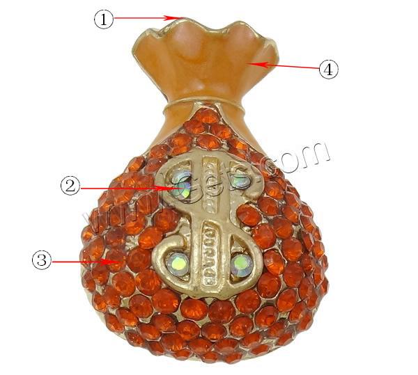 Zinc Alloy Money Bag Pendants, plated, Customized & enamel & with rhinestone & hollow, more colors for choice, nickel, lead & cadmium free, 31x47x23mm, Hole:Approx 8mm, Sold By PC
