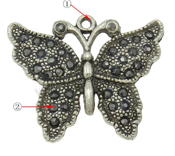 Zinc Alloy Animal Pendants, Butterfly, plated, Customized & with rhinestone, more colors for choice, nickel, lead & cadmium free, 33x27x3mm, Hole:Approx 2mm, Sold By PC
