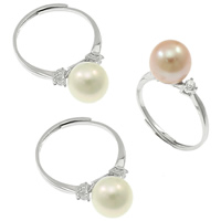 Pearl Sterling Silver Finger Ring, 925 Sterling Silver, with pearl, Round, natural & with cubic zirconia 7-9mm US Ring .5 