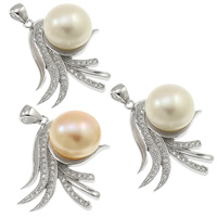 Cultured Pearl Sterling Silver Pendants, 925 Sterling Silver, with pearl, Leaf, natural, micro pave cubic zirconia 11-12mm Approx 2.5mm 