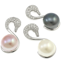 Colgantes de plata esterlina de perlas cultivadas, plata de ley 925, con perla, Cisne, natural, micro arcilla de zirconia cúbica, más colores para la opción, 11-12mm, 12.5x27x10mm, agujero:aproximado 2x4mm, Vendido por UD