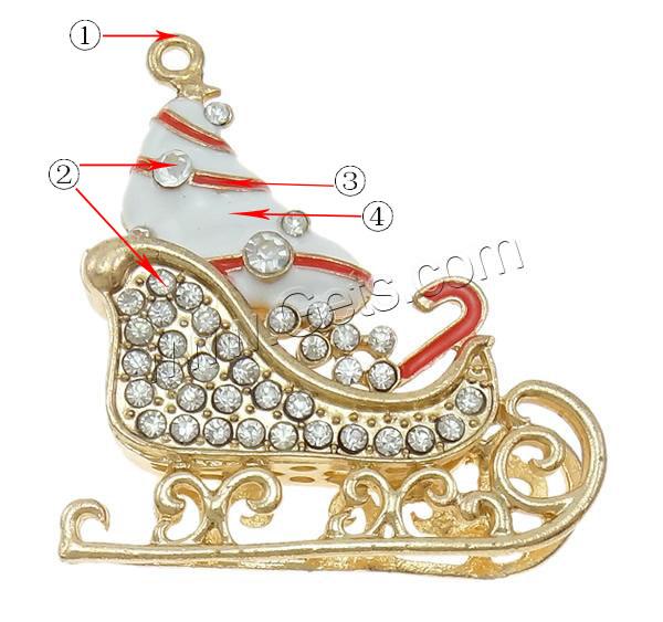 Zinc Alloy Christmas Pendants, Christmas Sleigh, plated, Customized & enamel & with rhinestone & hollow, more colors for choice, nickel, lead & cadmium free, 49x53x15mm, Hole:Approx 2mm, Sold By PC