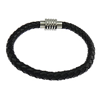 Cowhide Bracelets, stainless steel magnetic clasp, platinum color plated, black 6mm Approx 8.5 Inch 