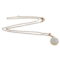 Stainless Steel Jewelry Necklace, 316 Stainless Steel, with Rhinestone Clay Pave, with 2lnch extender chain, Flat Round, rose gold color plated, with 49pcs rhinestone & oval chain 1mm Approx 16 Inch 
