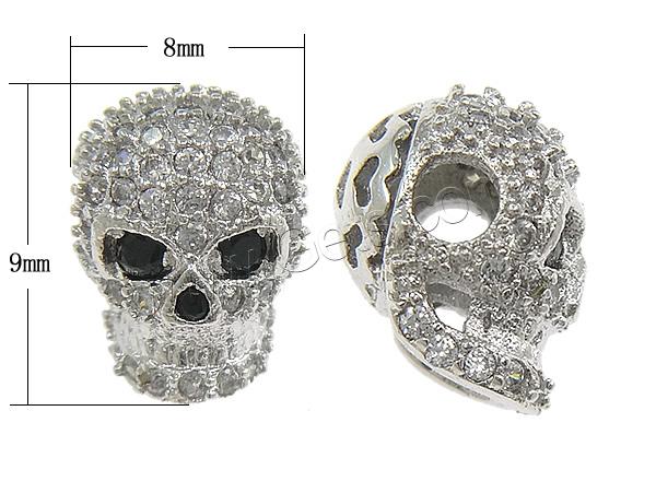 Cubic Zirconia Micro Pave Brass Beads, Skull, plated, micro pave cubic zirconia & hollow, more colors for choice, 8x9x9mm, Hole:Approx 3mm, Sold By PC