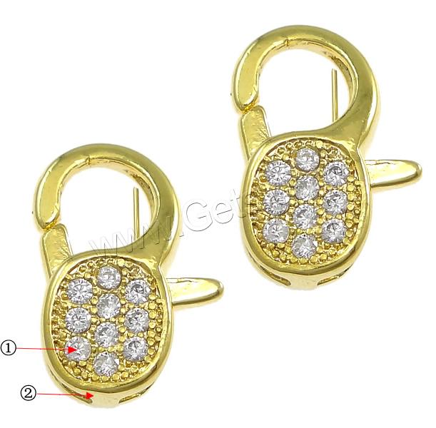 Brass Lobster Claw Clasp, plated, Customized & micro pave cubic zirconia, more colors for choice, nickel, lead & cadmium free, 9x13x4mm, Hole:Approx 4x4.5mm, Sold By PC