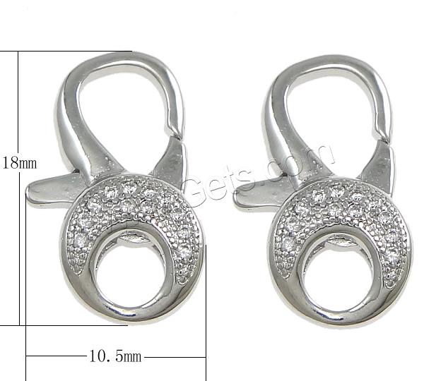 Brass Lobster Claw Clasp, plated, Customized & micro pave cubic zirconia, more colors for choice, nickel, lead & cadmium free, 10.5x18x5mm, Hole:Approx 4mm, Sold By PC