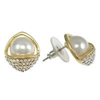 Glass Pearl Stud Earring, Zinc Alloy, with rubber earnut, Horse Eye, gold color plated, with glass pearl & with rhinestone, nickel, lead & cadmium free 