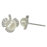 Sterling Silver Stud Earring, 925 Sterling Silver, Flower, micro pave cubic zirconia & with glass pearl 