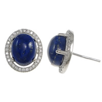 Sterling Silver Stud Earring, 925 Sterling Silver, with Natural Lapis Lazuli, Flat Oval, without earnut & micro pave cubic zirconia 0.8mm 
