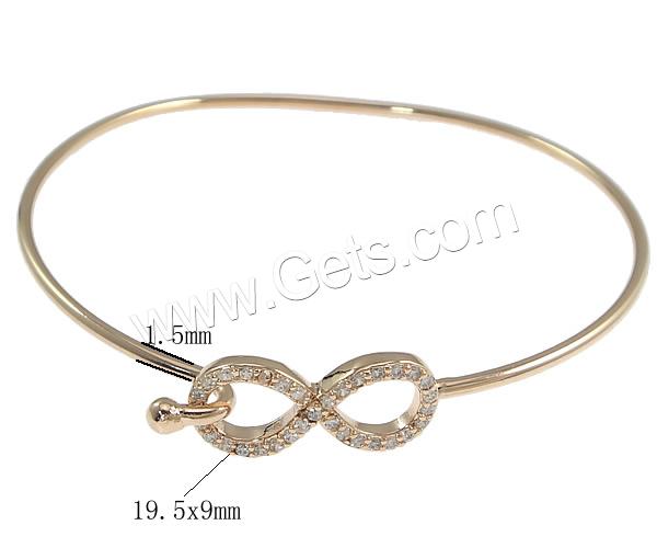 Brass Bangle, Infinity, plated, with rhinestone, more colors for choice, 19.5x9x2.5mm, 1.5mm, Inner Diameter:Approx 56.5x54mm, Length:Approx 6.5 Inch, Sold By PC
