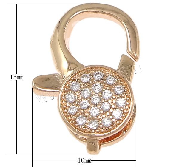 Brass Lobster Claw Clasp, plated, Customized & micro pave cubic zirconia, more colors for choice, nickel, lead & cadmium free, 10x15x4.5mm, Hole:Approx 5.5x6mm, Sold By PC