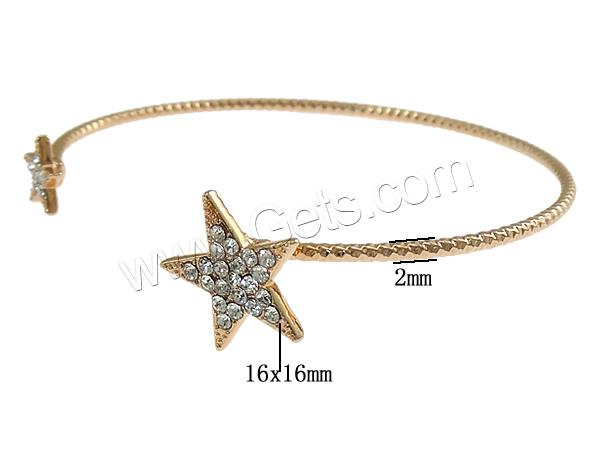 Ouverture Bracelets en cuivre, laiton, étoile, Plaqué d'or rose, avec strass, 16x16mm, 2mm, Diamètre intérieur:Environ 61x54mm, Longueur:Environ 7 pouce, Vendu par PC