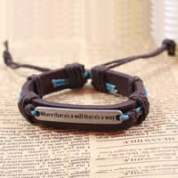 Cowhide Bracelets, Zinc Alloy, with Waxed Cotton Cord & Cowhide, antique silver color plated, adjustable & with letter pattern & single-strand, nickel, lead & cadmium free, 60mm Approx 7 Inch 