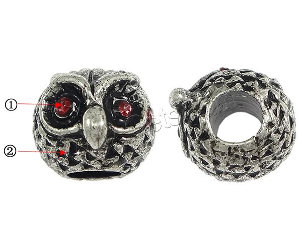 Rhinestone Brass European Beads, Owl, plated, with rhinestone, more colors for choice, 10.5x8.5mm, Hole:Approx 4mm, Sold By PC
