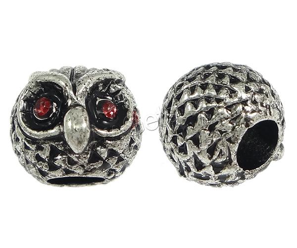 Rhinestone Brass European Beads, Owl, plated, with rhinestone, more colors for choice, 10.5x8.5mm, Hole:Approx 4mm, Sold By PC