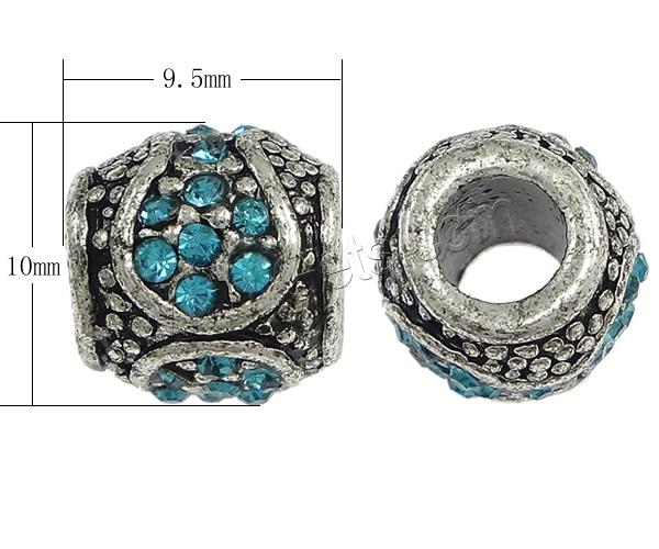 Rhinestone Brass European Beads, Rondelle, plated, without troll & with rhinestone, more colors for choice, 9.5x10mm, Hole:Approx 4.5mm, Sold By PC