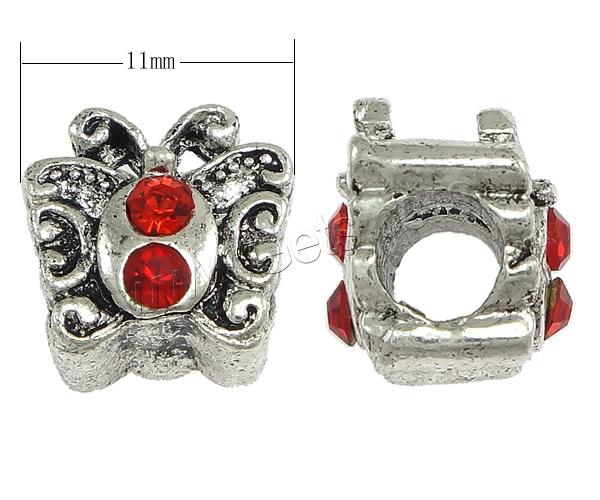 Rhinestone Brass European Beads, Butterfly, plated, without troll & with rhinestone, more colors for choice, 11x11x9mm, Hole:Approx 4.5mm, Sold By PC