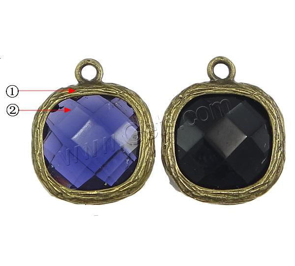 Glass Brass Pendants, with Glass, Square, plated, faceted, more colors for choice, 12.5x15.5x4mm, Hole:Approx 1mm, Sold By PC