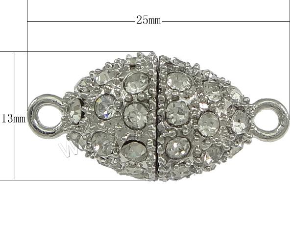 Zinc Alloy Magnetic Clasp, Oval, plated, with rhinestone & single-strand, more colors for choice, nickel, lead & cadmium free, 25x13mm, Hole:Approx 2mm, Sold By PC