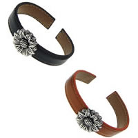 Stainless Steel Cuff Bangle, Cowhide, with 316 Stainless Steel, with flower pattern cadmium free 13mm Approx 6 Inch 