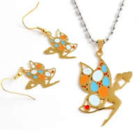 Fashion Stainless Steel Jewelry Sets, 316L Stainless Steel, pendant & earring, Fairy, gold color plated, enamel Approx 