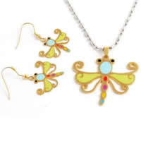 Fashion Stainless Steel Jewelry Sets, 316L Stainless Steel, pendant & earring, Dragonfly, gold color plated, enamel Approx 