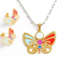 Fashion Stainless Steel Jewelry Sets, 316L Stainless Steel, pendant & earring, Butterfly, gold color plated, enamel Approx 