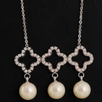 Collar de perlas de cristal, acero inoxidable 316L, con Perlas de vidrio, Flor, cadena oval & con diamantes de imitación, color original, 25x45mm, longitud:aproximado 18 Inch, Vendido por Sarta