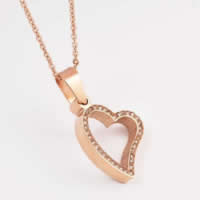 Stainless Steel Jewelry Necklace, 316L Stainless Steel, with 2lnch extender chain, Heart, rose gold color plated, oval chain & with rhinestone Approx 16 Inch 