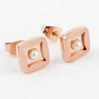 Stainless Steel Stud Earring, 316L Stainless Steel, Square, rose gold color plated, with glass pearl & frosted 