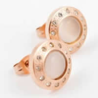 Stainless Steel Rhinestone Stud Earring, 316L Stainless Steel, with Cats Eye, Flat Round, rose gold color plated, with rhinestone 