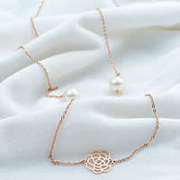 Stainless Steel Sweater Chain Necklace, 316L Stainless Steel, with Glass Pearl, Flower, rose gold color plated, oval chain Approx 25 Inch 