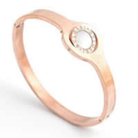 Stainless Steel Bangle, 316L Stainless Steel, with White Shell, Flat Round, rose gold color plated, 20mm, Inner Approx Approx 8 Inch 