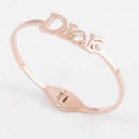 Stainless Steel Bangle, 316L Stainless Steel, Letter, word Dior, rose gold color plated, with rhinestone, 28mm, Inner Approx 