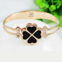 Stainless Steel Bangle, 316L Stainless Steel, with Acrylic, Four Leaf Clover, rose gold color plated, with rhinestone, 25mm, Inner Approx 