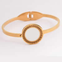 Stainless Steel Bangle, 316L Stainless Steel, with White Shell, Flat Round, gold color plated, 22mm, Inner Approx 