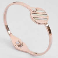 Stainless Steel Bangle, 316L Stainless Steel, with White Shell, Flat Round, rose gold color plated, 20mm, Inner Approx 