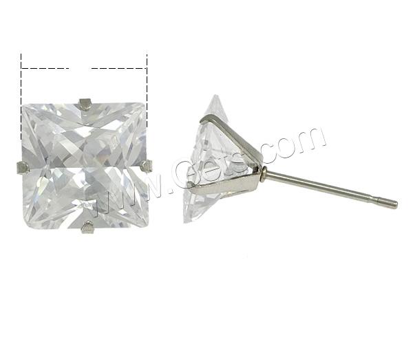Stainless Steel Cubic Zirconia Stud Earring, Square, different size for choice & with cubic zirconia, original color, Sold By Pair