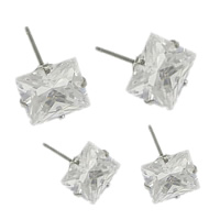 Stainless Steel Cubic Zirconia Stud Earring, Square & with cubic zirconia, original color 