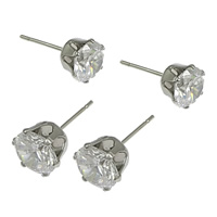 Stainless Steel Cubic Zirconia Stud Earring, Flat Round & with cubic zirconia, original color 