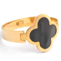 Stainless Steel Bangle, 316L Stainless Steel, with Acrylic, Flower, gold color plated, 35mm, Inner Approx 